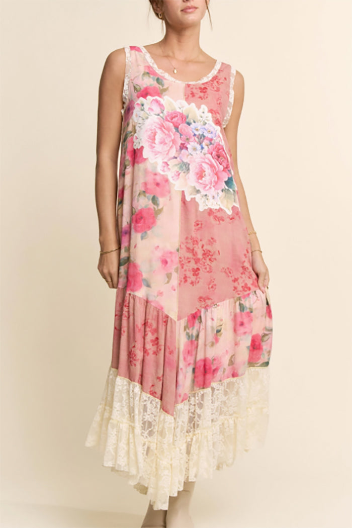 Sleeveless Floral Lace Trim Tiered Dress