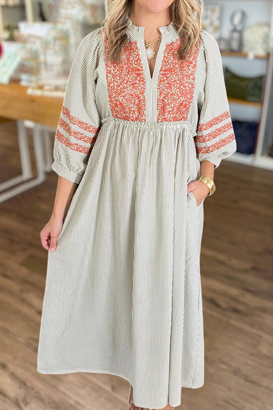 Embroidered Stripe Pocket Midi Dress