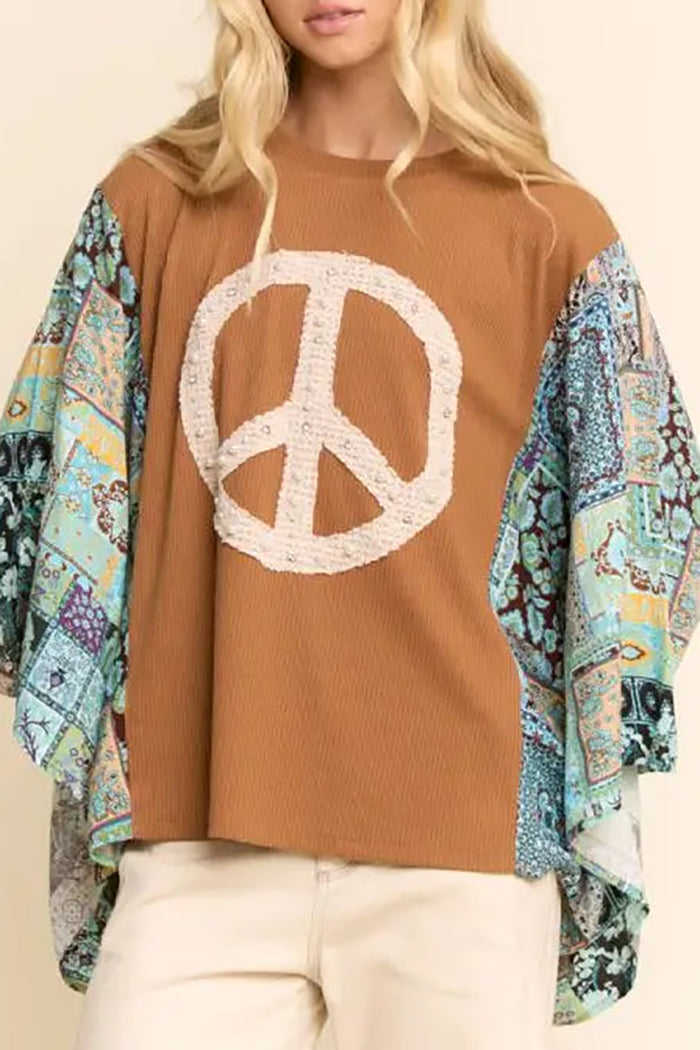 Peace Sign Patchwork Sleeve Top