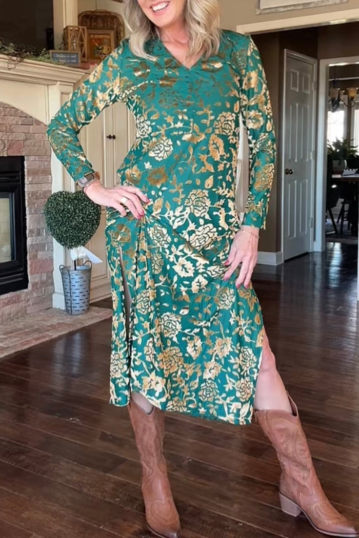 Long Sleeve Floral Split Hem Dress