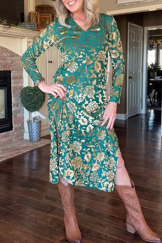 Long Sleeve Floral Split Hem Dress