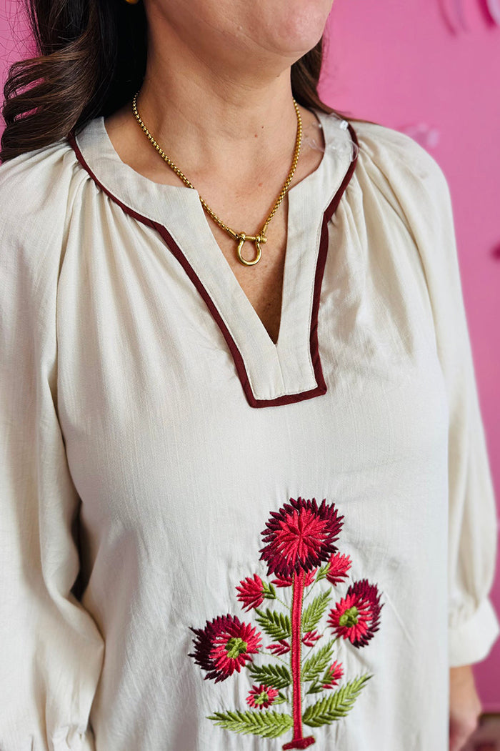 Embroidered Floral Long Sleeve Pocket Maxi Dress