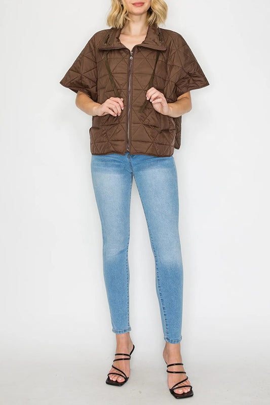 Brown Zip Pocketed Short-Sleeve Puffer Jacket