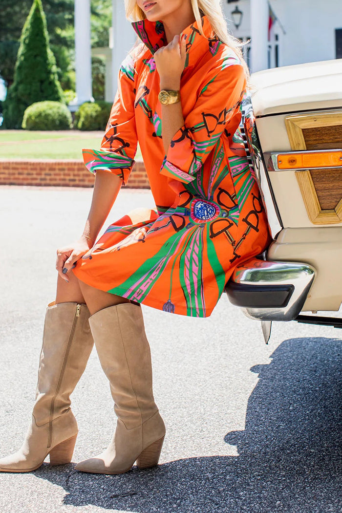 Vibrant Orange Art-Print Shirt Dress
