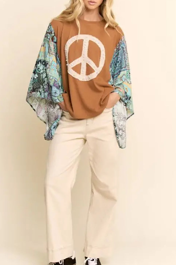 Peace Sign Patchwork Sleeve Top