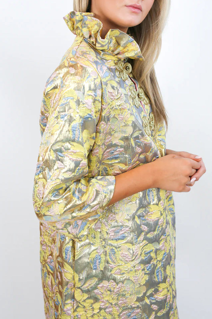 Printed Pocketed Ruffle Collar Frog Closure Maxi Dress