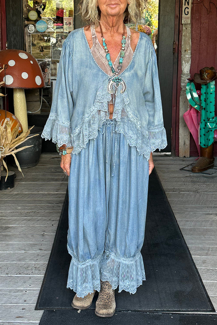 Denim Lace Hem Wide Pants