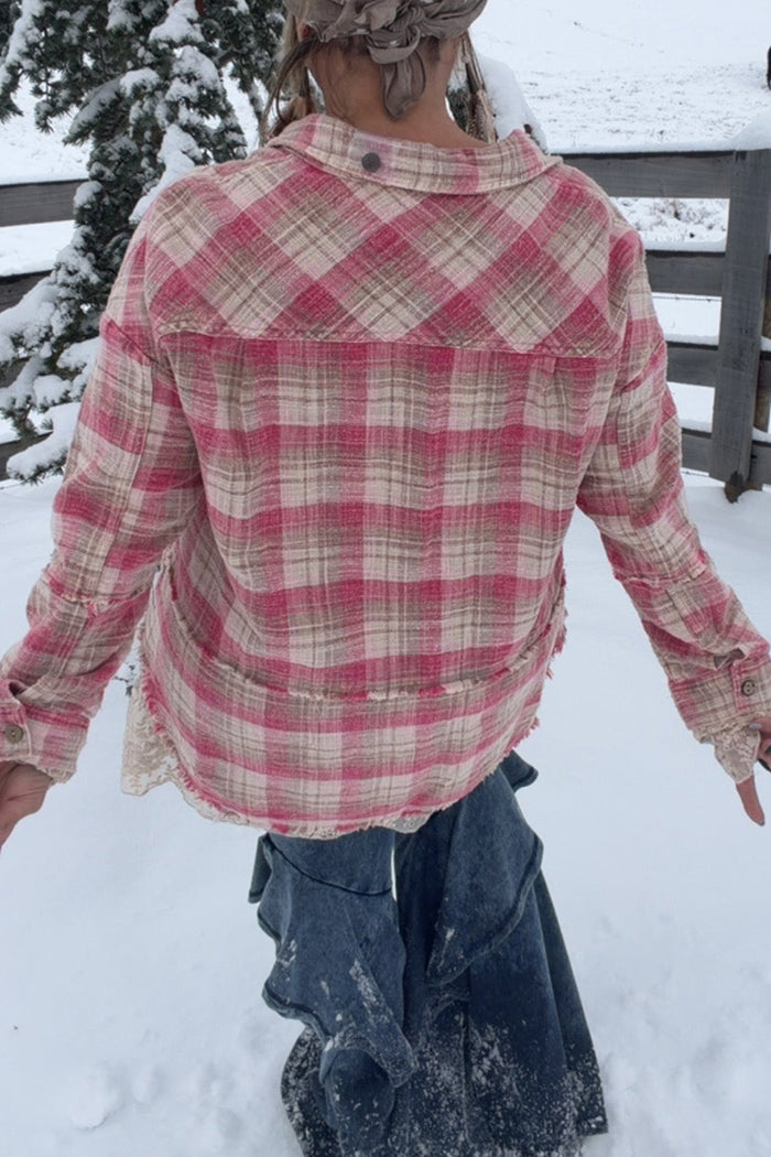 Pocketed Plaid Embroidered Mesh Shacket