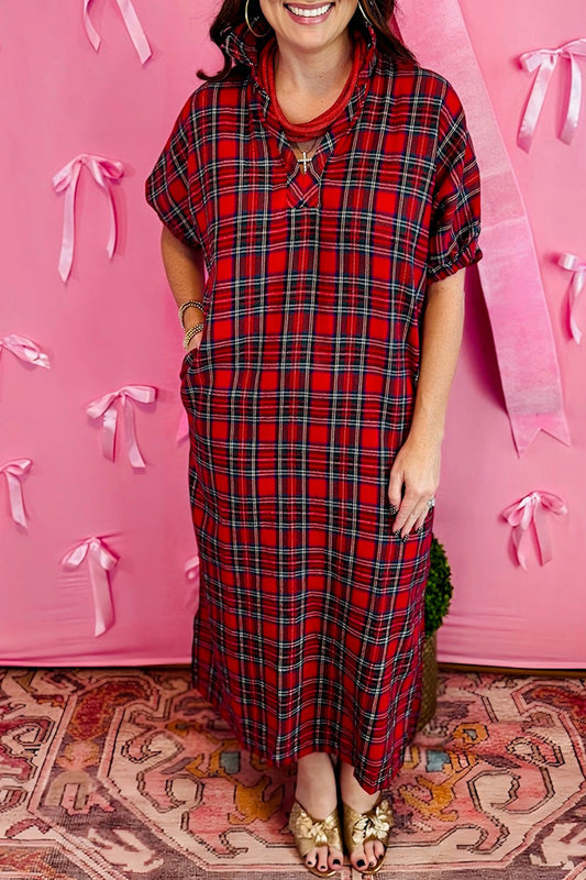 Casual Red Plaid Pocket Maxi Dress