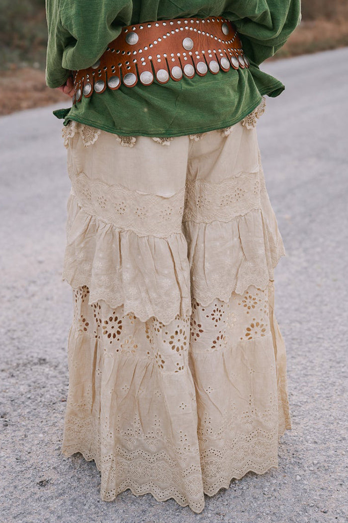 Lace Tiered Beige Wide-Leg Pants