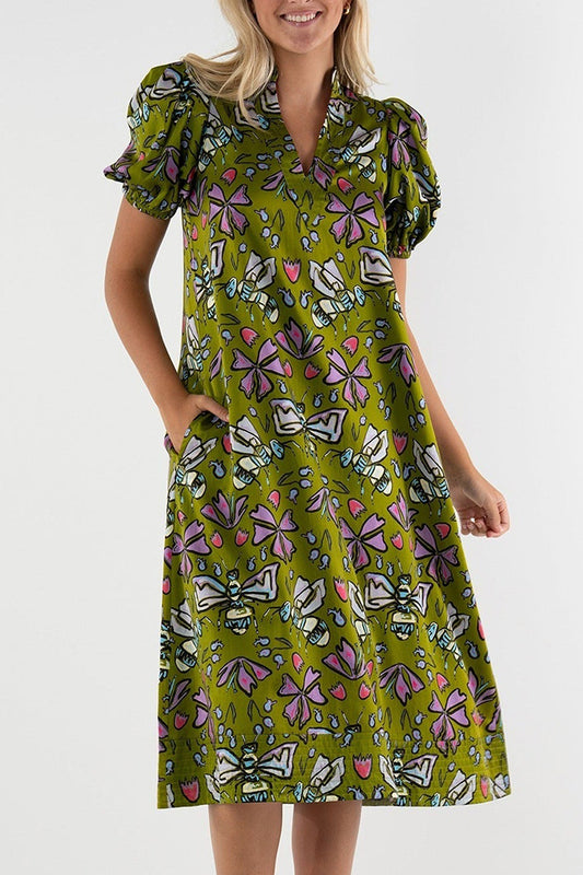 Bee Print Puff Sleeve Pocket Dress