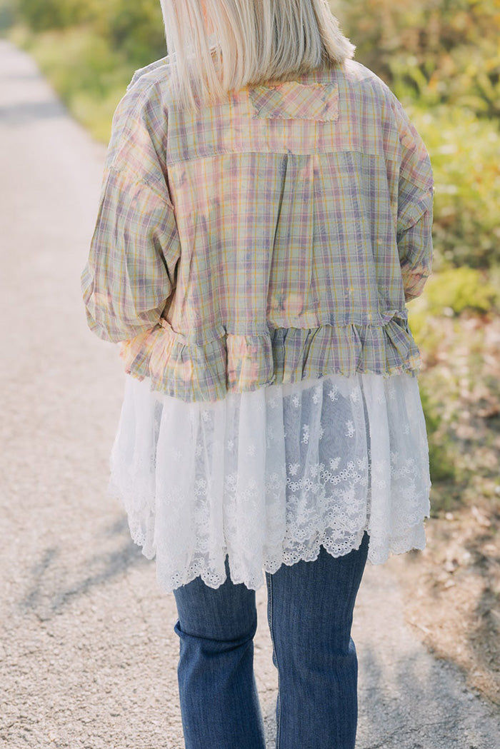 Pocketed Plaid Lace Hem Top