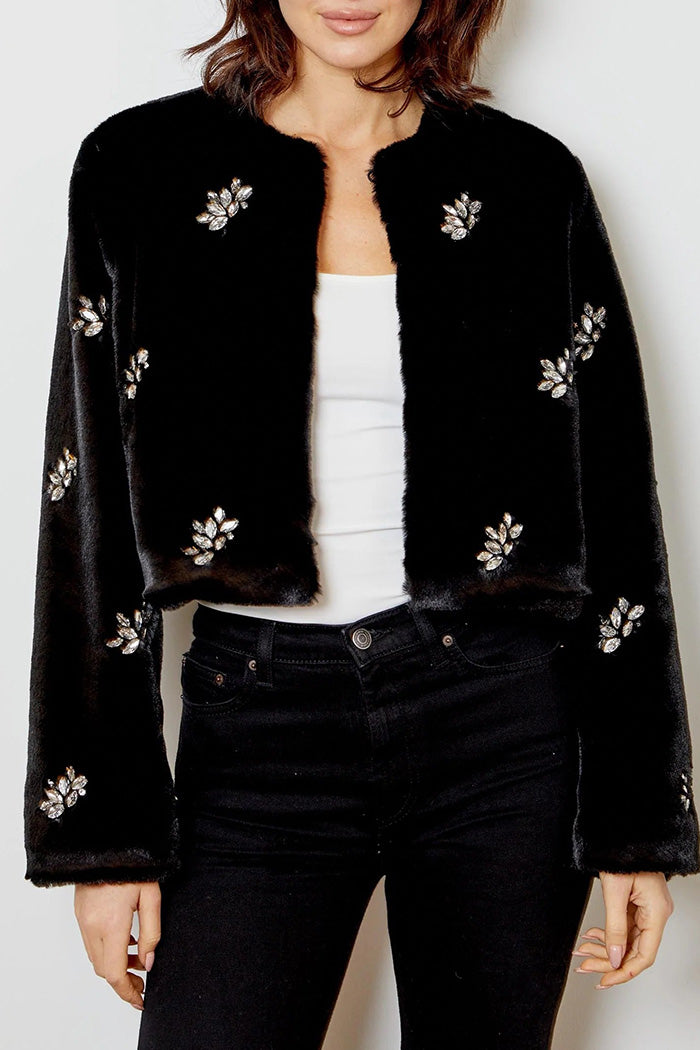 Black Faux Fur Rhinestone Cropped Jacket