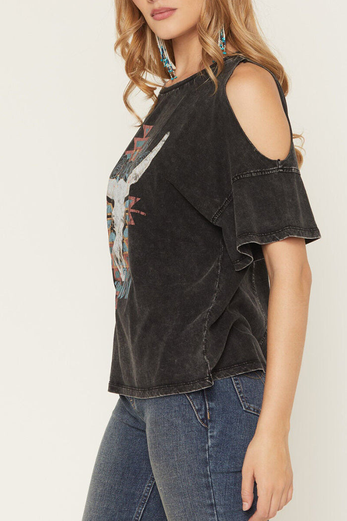 Western Bull Graphic Cold Shoulder Short Sleeve Tee