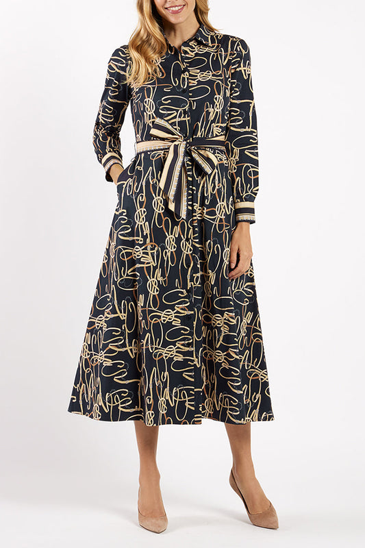 Script-Print Belted Midi Dress