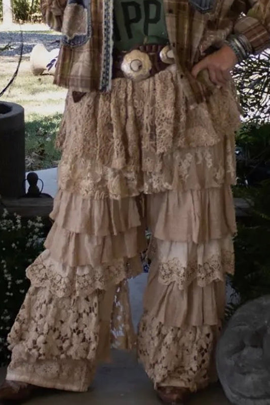 Beige Tiered Ruffled Embroidered Pants