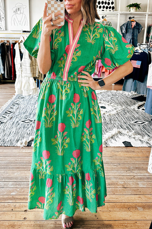 V-Neck Puff-Sleeve Floral Maxi Dress