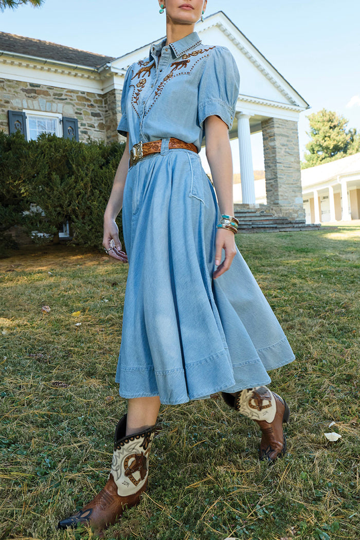 Elastic Back Waist Pocket Pleated Chambray Skirt