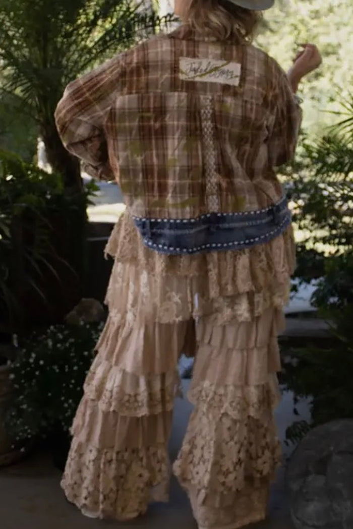 Beige Tiered Ruffled Embroidered Pants