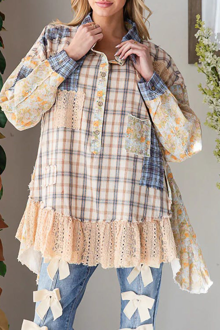 Plaid Floral Patchwork Lace Ruffle Hem Top