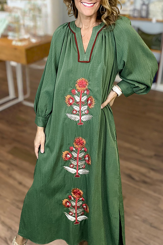 Embroidered Floral Long Sleeve Pocket Maxi Dress