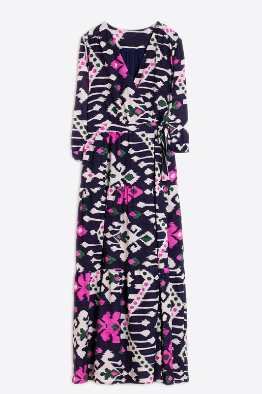 Abstract Floral Print Wrap Tie Waist Maxi Dress