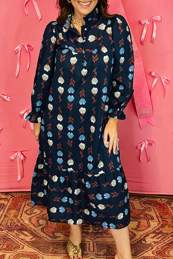 High Neck Ruffle Trim Tiered Hem Dress