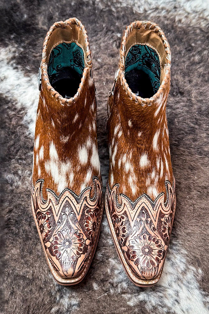 Spotted Cowhide Western Tooled Floral Ankle Booties