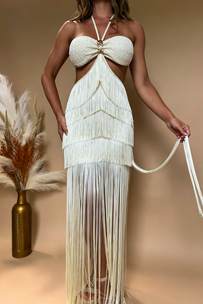 Halter Cutout Layered Fringe Maxi Dress