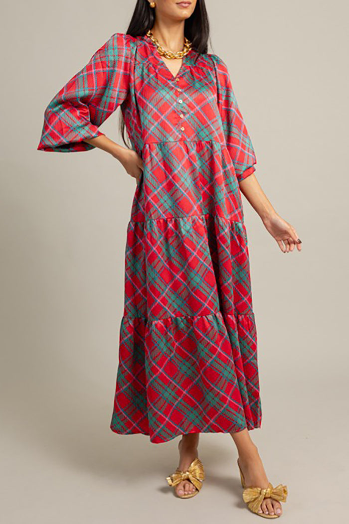 Tiered Plaid V-Neck Maxi Dress