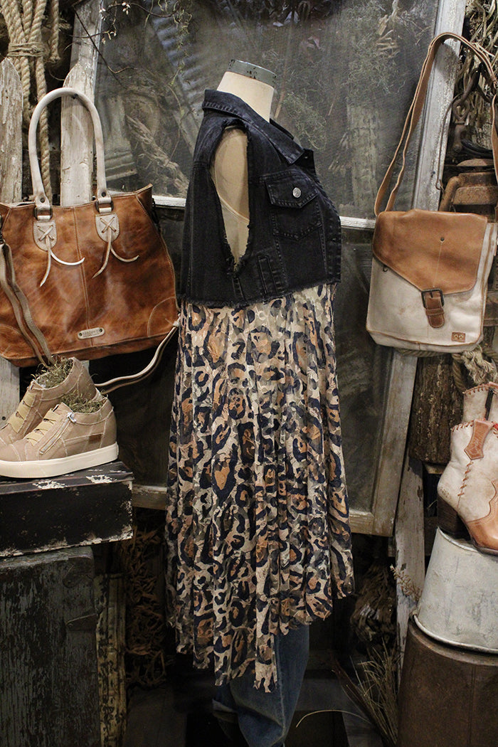 Button Front Denim Leopard Spliced Vest