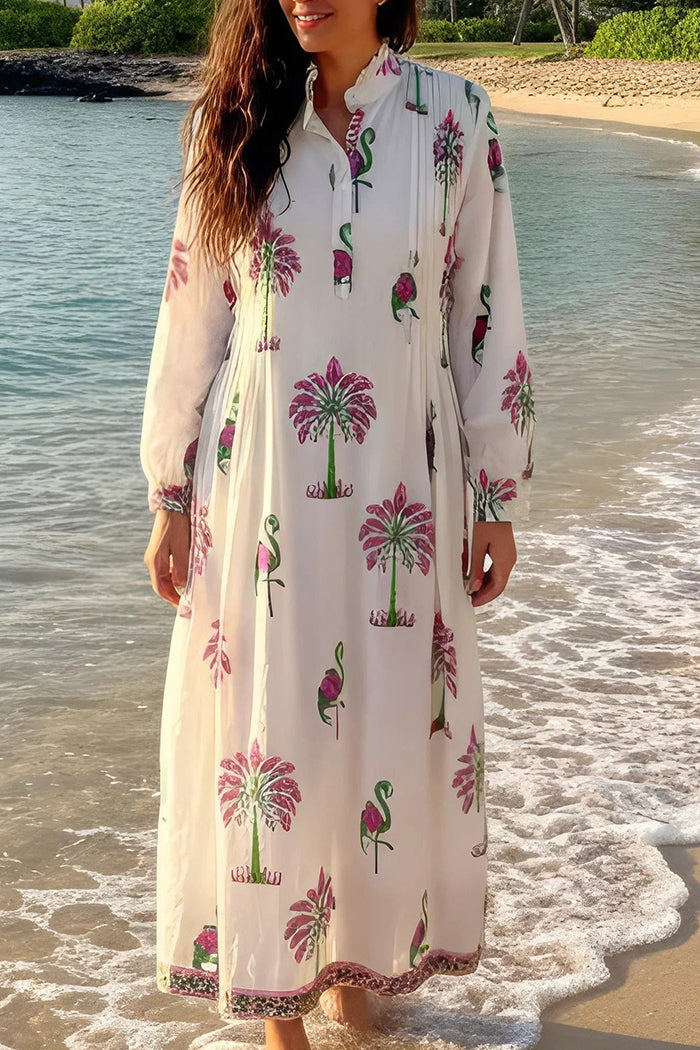 Printed Ruffle Neck Caftan Dress