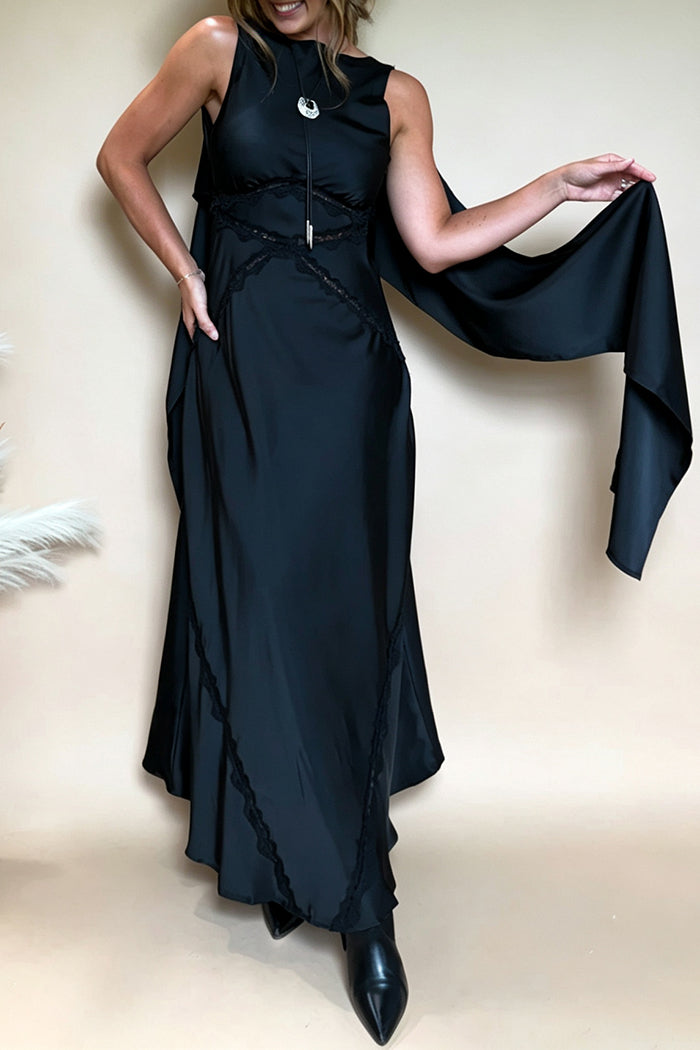 Black Cape Strap Lace Cutout Maxi Dress