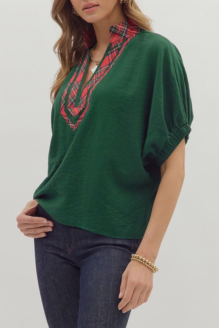 Plaid Layered Collar Dolman-Sleeve Blouse