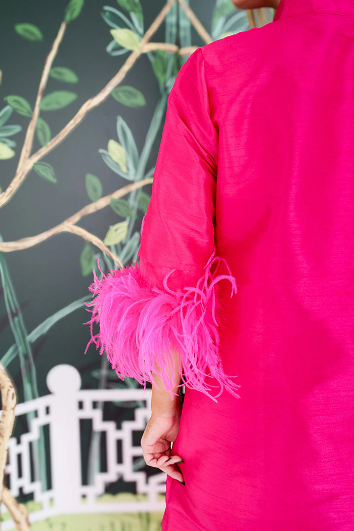 Feather Trim Frog Closure Pocket Dress