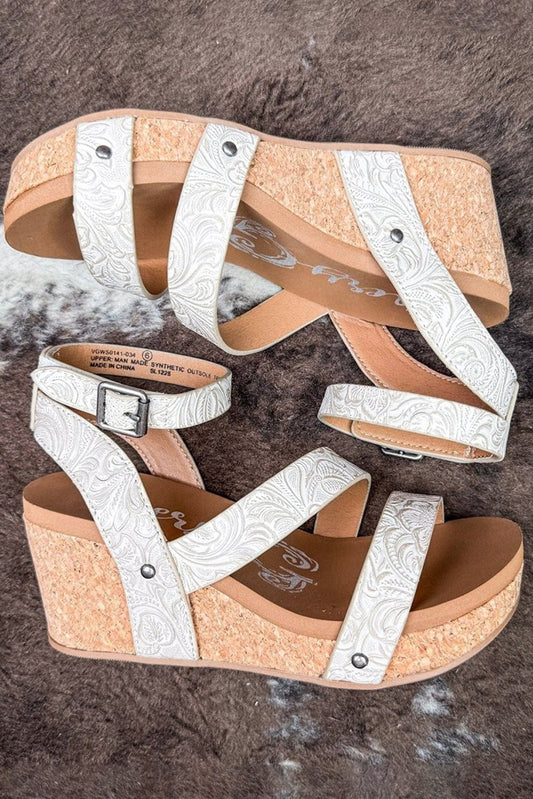 Light Grey Western Tooled Floral Ankle Buckle Wedge Sandals