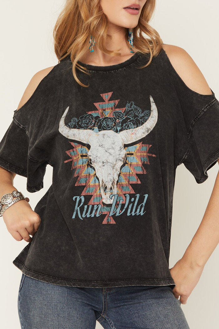 Western Bull Graphic Cold Shoulder Short Sleeve Tee