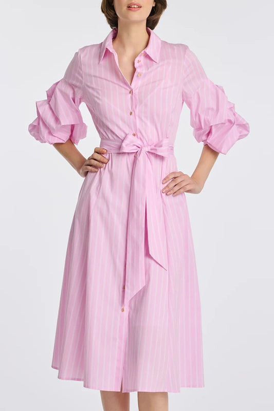 Belted Puff Sleeve Striped Dress