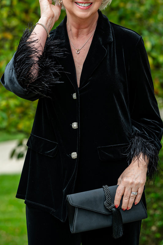 Black Velvet Feather-Cuff Pocket Jacket