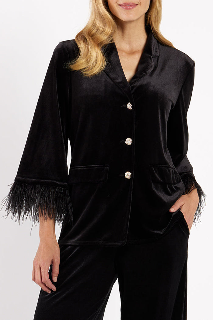 Velvet Jacket Featuring Feather Cuffs & Crystal Buttons
