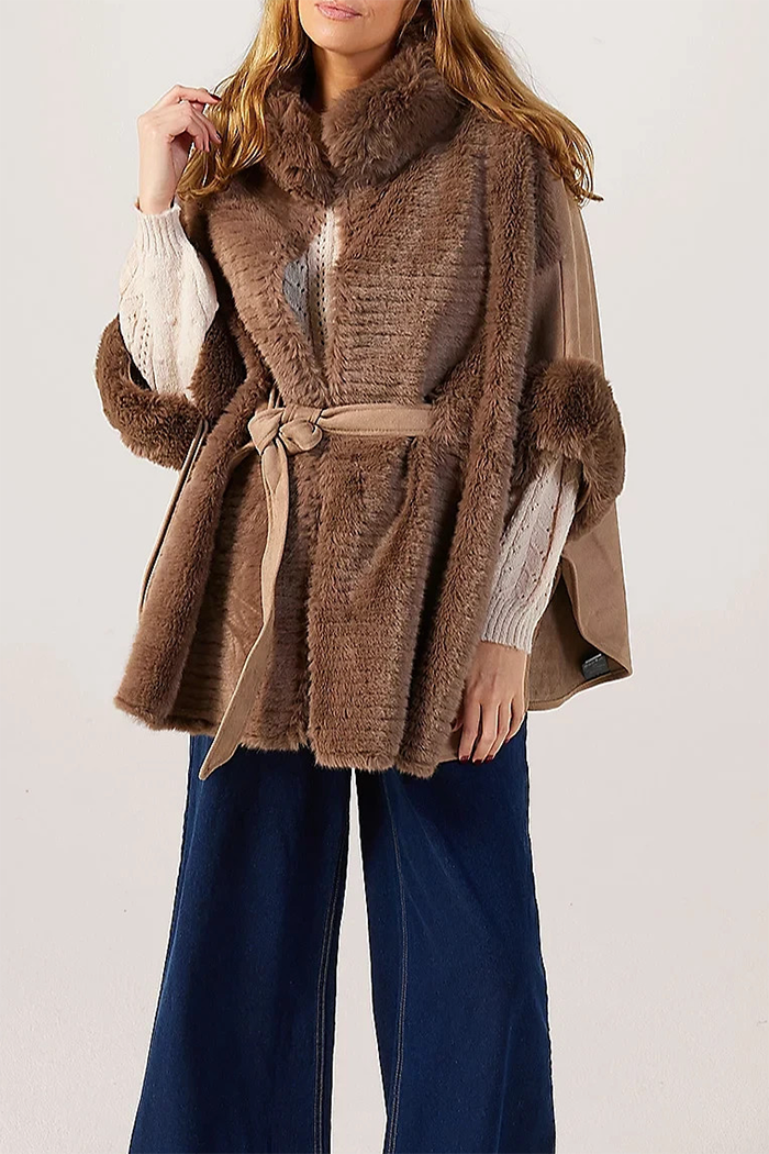 Ribbed Faux Fur Trim Belted Cape
