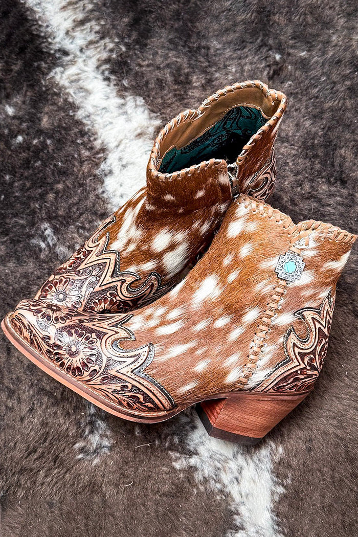 Spotted Cowhide Western Tooled Floral Ankle Booties