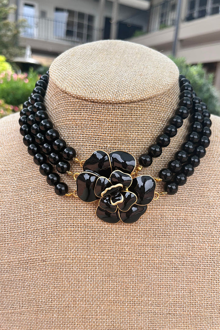 Black Beaded Flower Choker Necklace
