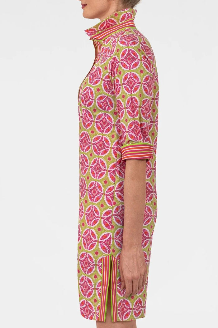 3/4 Sleeve Shell Button Contrast Placket Dress