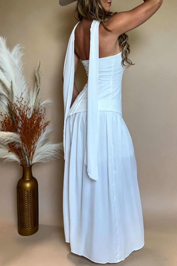 Strapless Neck Scarf Lace Up Back Slit Chiffon Maxi Dress