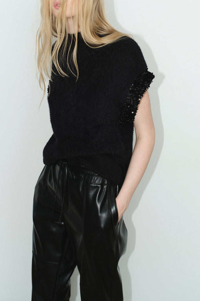 Mock-Neck Sequin-Sleeve Top