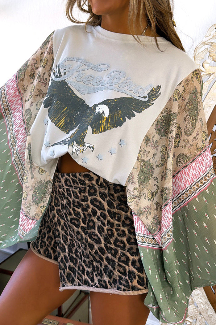 Long Sleeve Eagle Graphic Spliced Top