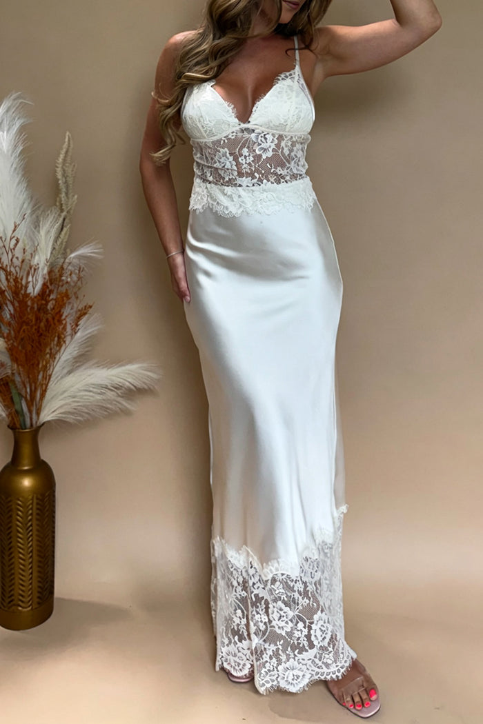Lace Overlay Adjustable Strap Back Zipper Maxi Dress