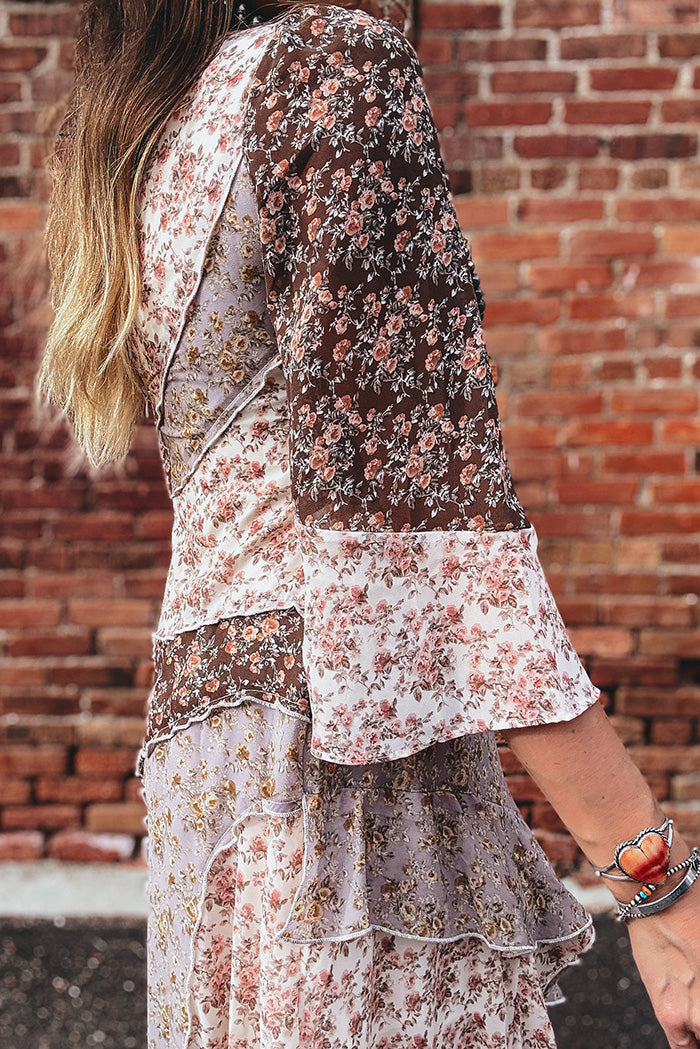 Floral Patchwork Ruffle Trim Back Zipper Dress