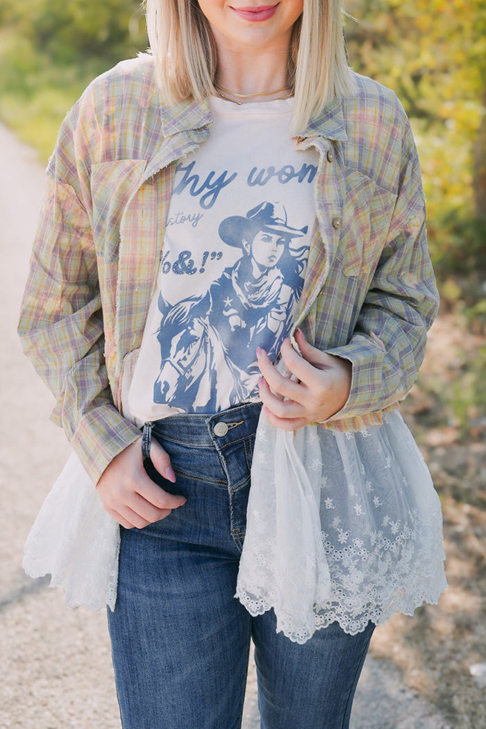 Pocketed Plaid Lace Hem Top